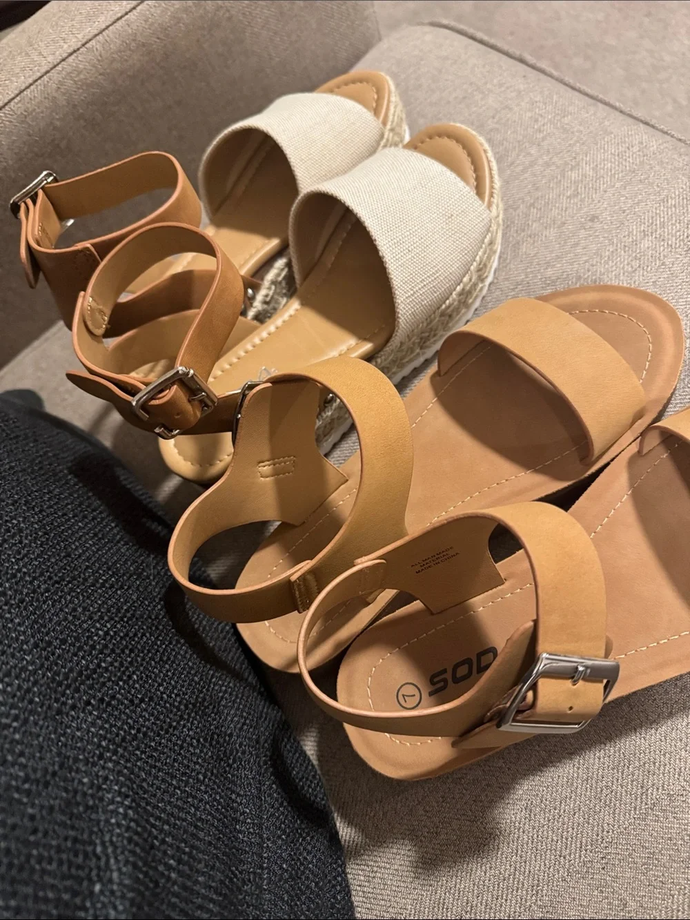 Two pair of Soda Sandals. Tan and Cream Wedge Sandals and Tan Wedge Sandals - Picture 3 of 9